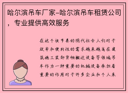 哈尔滨吊车厂家-哈尔滨吊车租赁公司，专业提供高效服务