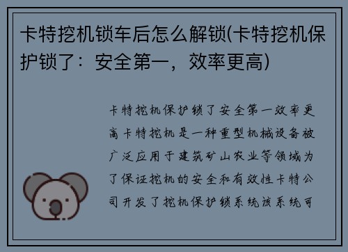 卡特挖机锁车后怎么解锁(卡特挖机保护锁了：安全第一，效率更高)