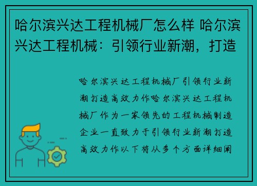 哈尔滨兴达工程机械厂怎么样 哈尔滨兴达工程机械：引领行业新潮，打造高效力作